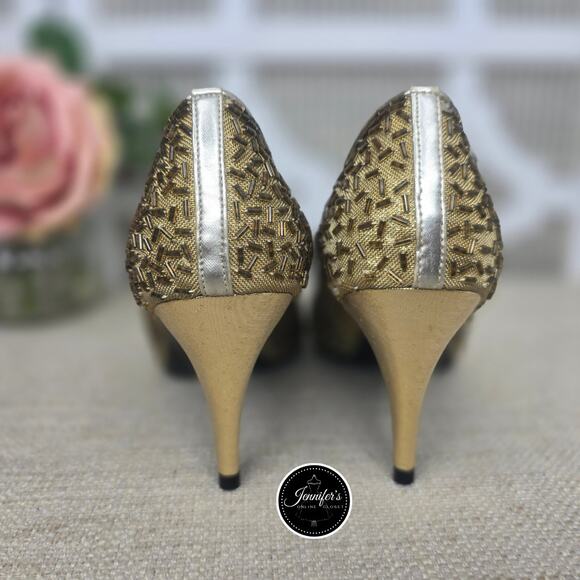 Dyeables Private Collection Vintage Gold Zazzle Mesh Beaded Pumps/Heels Size 7B - Picture 5 of 15